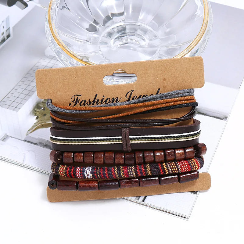 5pcs/set Braided Wrap Leather Bracelet for Men Vintage Charm Wood Beads