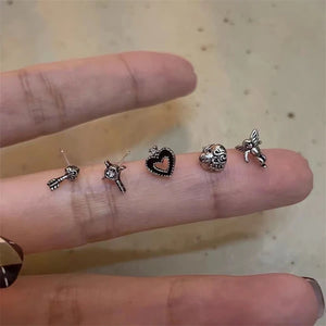 Retro Dark Angel Arrow Heart Small Stud Earrings Set Gothic Hip Hop Piercing