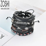 Vintage Leaf Feather Layered Leather Bracelets Set for Men