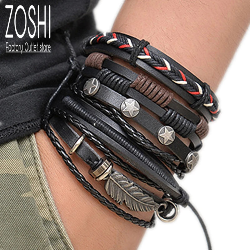 Vintage Leaf Feather Layered Leather Bracelets Set for Men