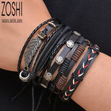 Vintage Leaf Feather Layered Leather Bracelets Set for Men