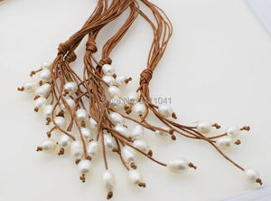 Freshwater Pearl Rice Brown Line Necklace 18" Zircon Hook