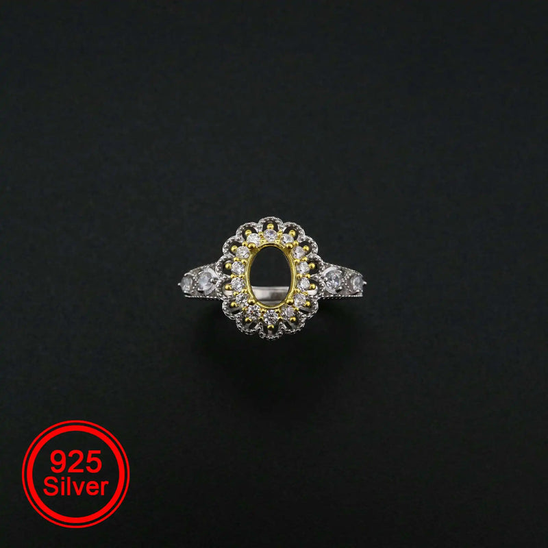 5x7MM Oval Prong Ring Settings Blank Adjustable Lace Style 925 Sterling Silver