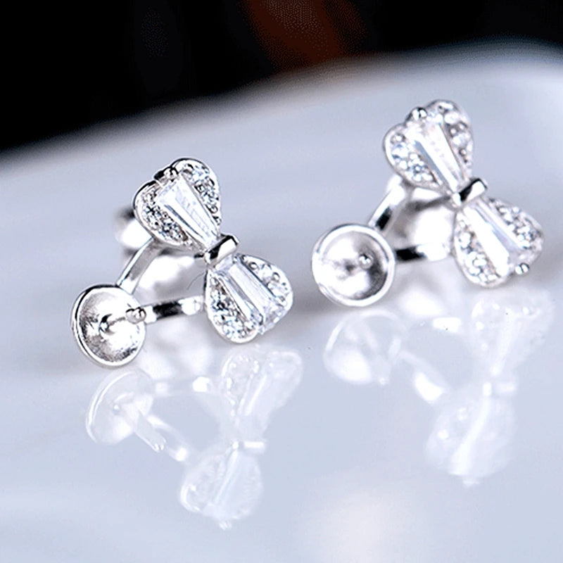 6-10mm Pearl Round Beads Stud Earrings 925 Silver Women Jewelry Setting