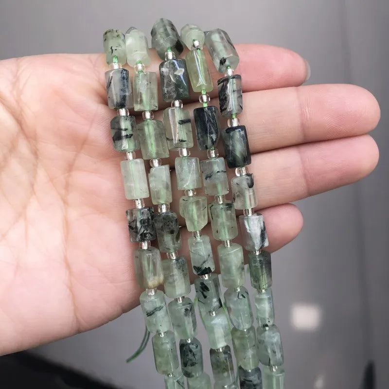 Faceted Green Prehnites Stone Cylinder Beads 7.5''