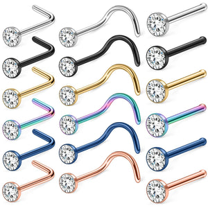 20G Stainless Steel Nose Rings Stud Set 1.5/2/2.5/3mm CZ Screw L Shaped Bone Nos