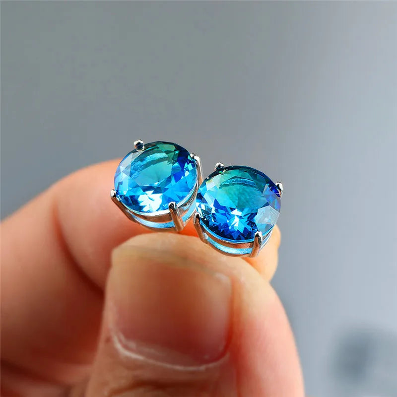 Aquamarine Gemstone Earrings 925 Sterling Silver Studs Wedding Jewelry