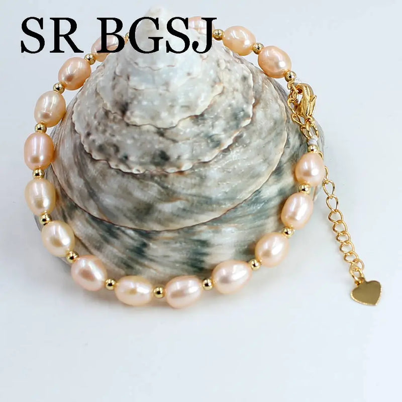 Pink Purple Freshwater Pearl Bangle Chains Bracelet 7inch