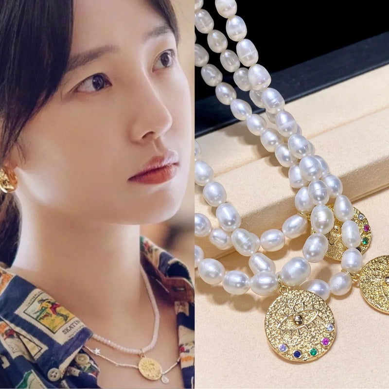 6-7mm Freshwater Pearl Collar Chain Elegant Coin Pendant Necklace