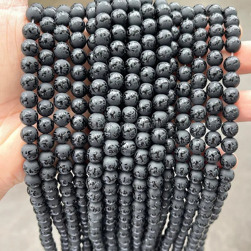 Natural Stone Frost Agate Carved Round Beads With Buddhist Words 14mm