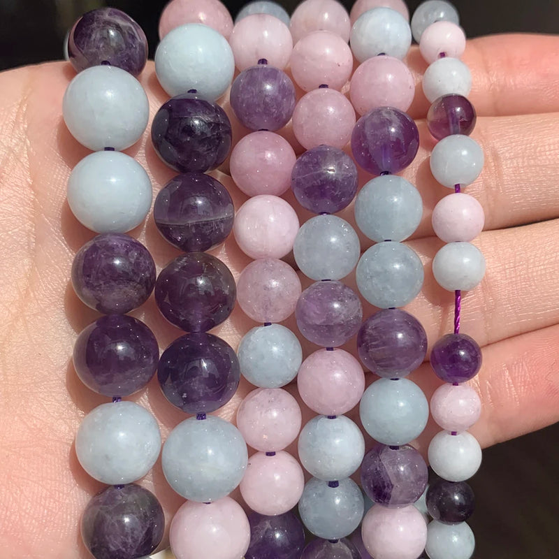 Natural Gem Stone Beads Aqamarines Kunzite Amethysts Round Loose Beads 15''