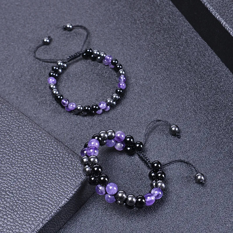 Natural Amethyst Double Layer Bracelets Adjustable Magnet Beaded Bangle