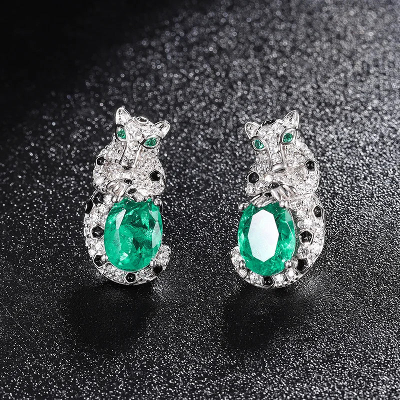 6*8mm Lab Ruby S925 Silver Leopard Earrings Zircon Vintage Ear Stud
