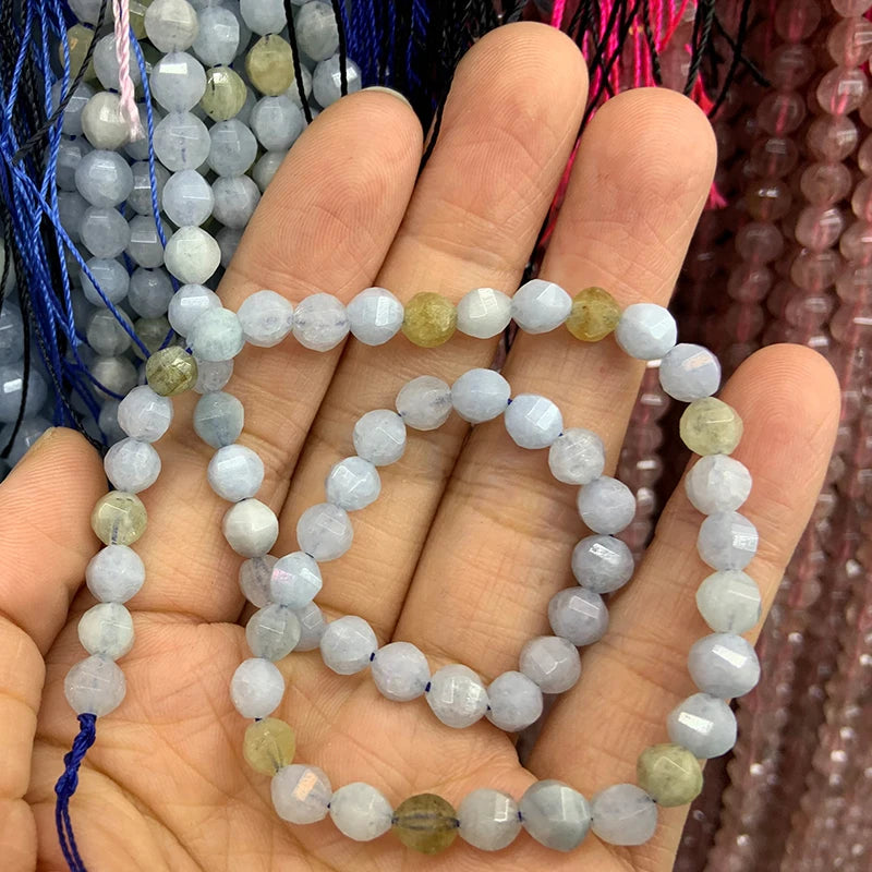 6-8mm Aquamarines Round Faceted Beads 15'' DIY Loose Beads
