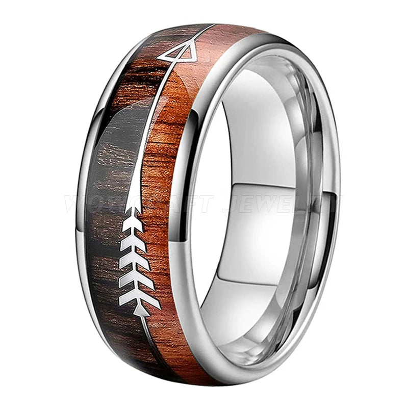 Tungsten Carbide Wedding Bands with Koa Wood Arrow Inlay