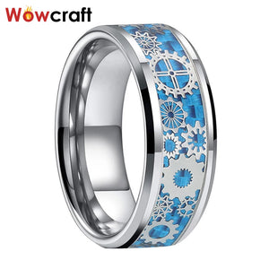 Tungsten Wedding Rings Beveled Edges Carbon Fiber Gear Inlay