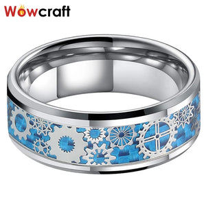 Tungsten Wedding Rings Beveled Edges Carbon Fiber Gear Inlay