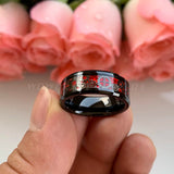 6/8mm Tungsten Carbide Wedding Bands Gears Red Opal Inlay Beveled Edges