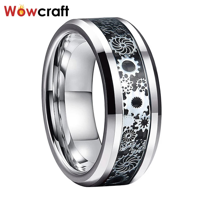 6/8mm Tungsten Carbide Rings Gear Carbon Fiber Inlay Beveled Edges