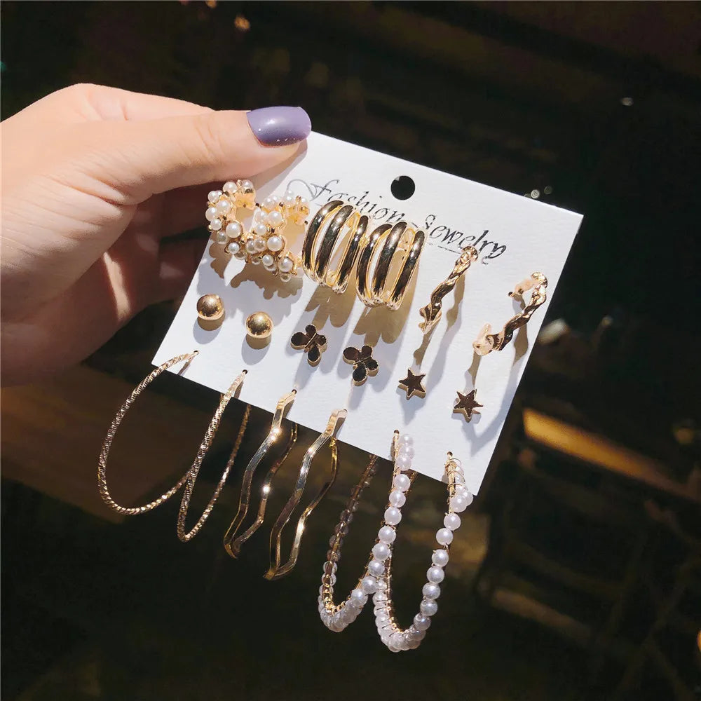 6 Pairs Hoop Pearl Earring Set For Women Vintage Jewelry