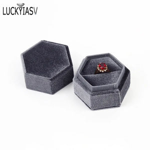 Velvet Double Ring Box Hexagon Wedding Ring Box with Detachable Lid Box