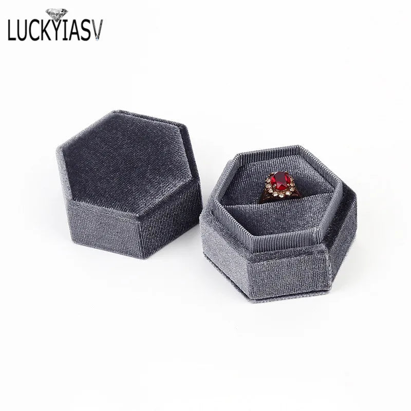 Velvet Double Ring Box Hexagon Wedding Ring Box with Detachable Lid Box