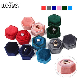 Velvet Double Ring Box Hexagon Wedding Ring Box with Detachable Lid Box