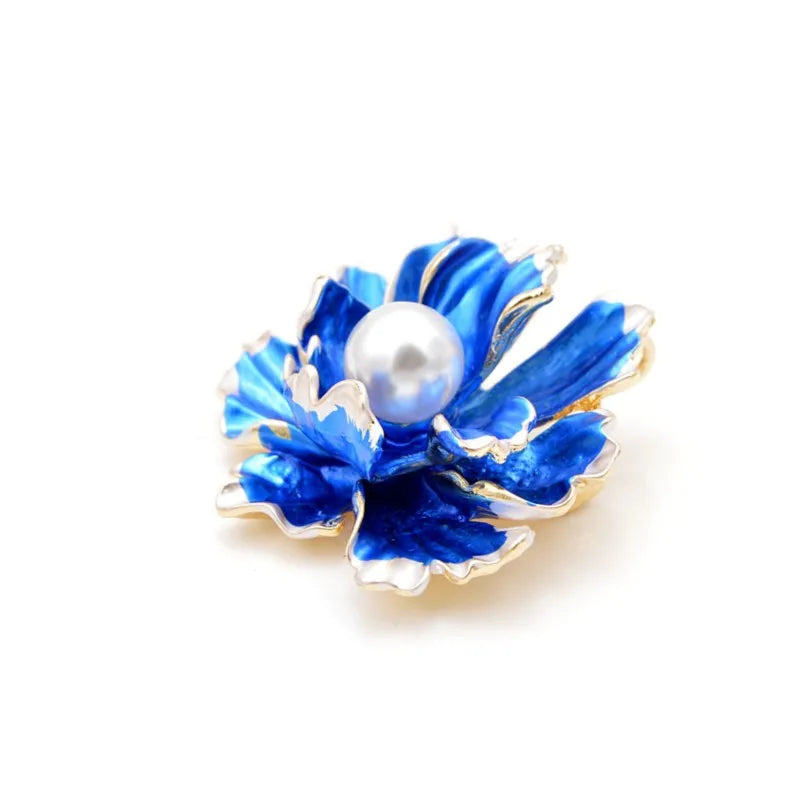 Enamel Peony Flowers Brooches for Women Wedding Pearl Pins Coat Accessories