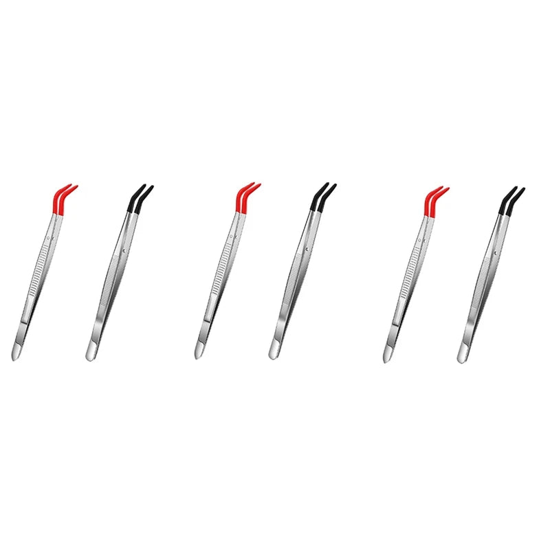 6 PCS Curved Bent Rubber Tip Stainless Steel Crafts Tweezers