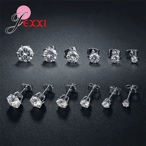 6 Pairs 925 Silver Rhinestone Stud Earrings for Man Woman Mix Size