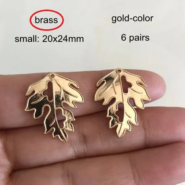 6 Pairs Gold Brass Leaf Charms Big & Small Hollow Leaf Pendant Jewelry