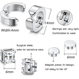 6 Pairs Magnetic Stainless Steel Stud Earrings CZ Clip-On Hoop Non-Piercing