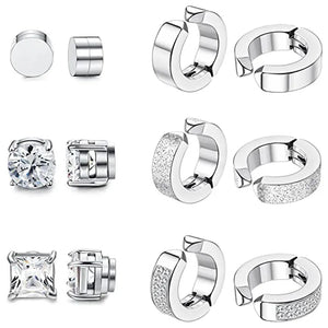 6 Pairs Magnetic Stainless Steel Stud Earrings CZ Clip-On Hoop Non-Piercing