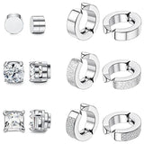 6 Pairs Magnetic Stainless Steel Stud Earrings CZ Clip-On Hoop Non-Piercing