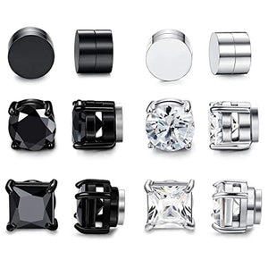 6 Pairs Magnetic Stud Earrings Men Women CZ Magnet Non-piercing Set Round Steel