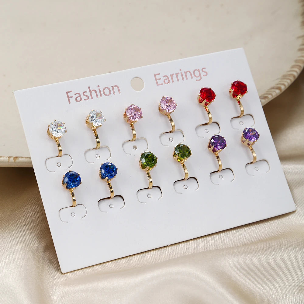 6 Pairs/set Colorful Zircon Stone Clip Earrings for Women