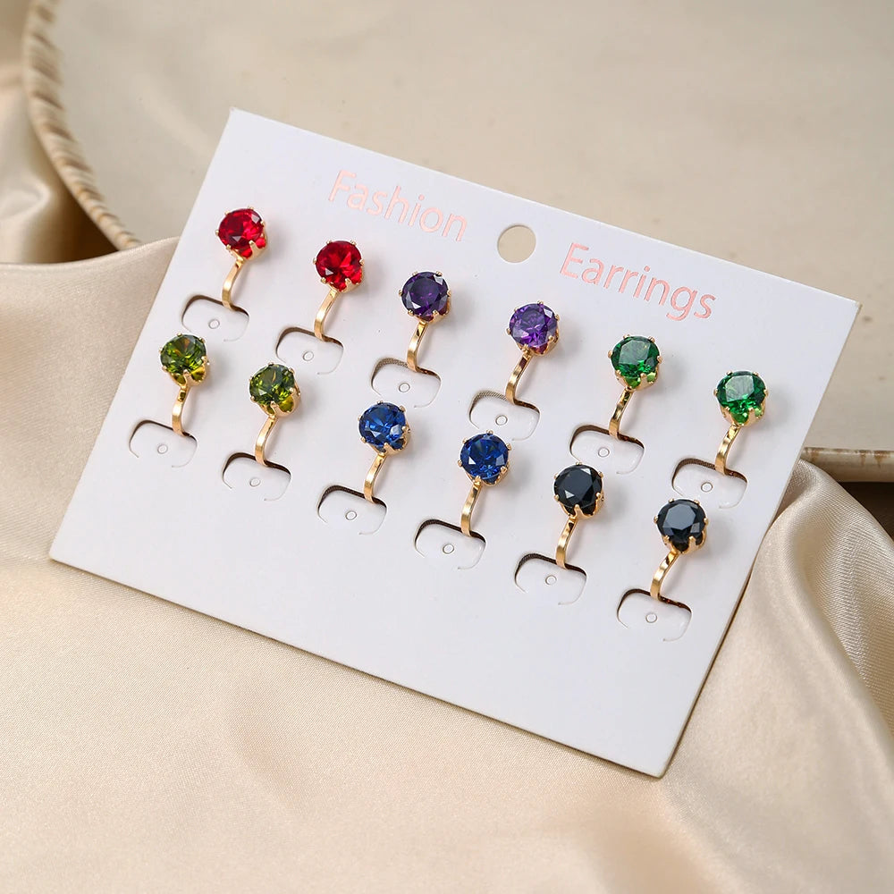 6 Pairs/set Colorful Zircon Stone Clip Earrings for Women
