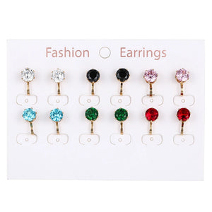 6 Pairs/set Colorful Zircon Stone Clip Earrings for Women