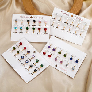 6 Pairs/set Colorful Zircon Stone Clip Earrings for Women