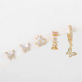 6 Pcs Cubic Zircon Butterfly Stud Earrings Set, Animal Plant Jewlery Piercing