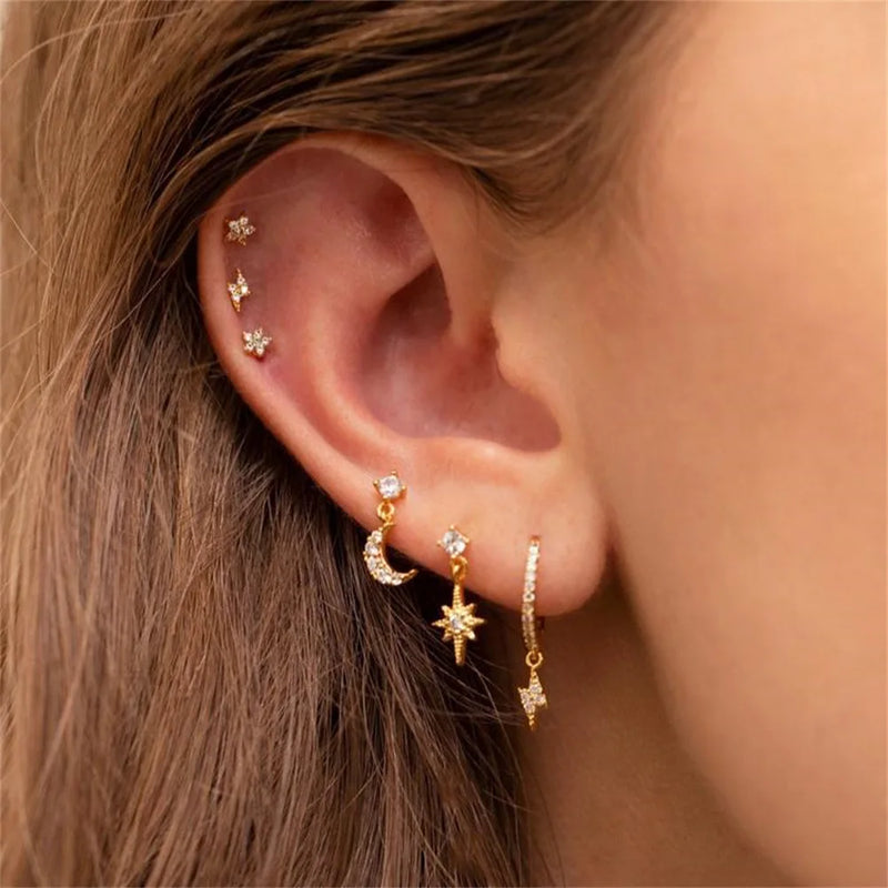 6 Pcs CZ Star Moon Stud Earrings Set for Women Cartilage Piercing Jewelry Sets