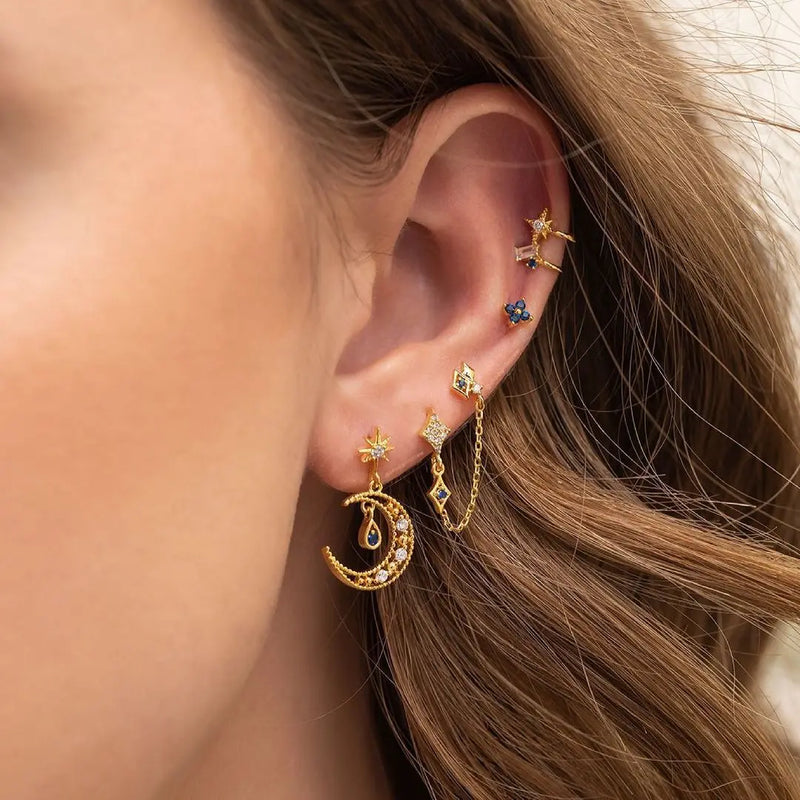 6 Pcs Small Crystal Moon Piercing Stud Earrings Set for Women