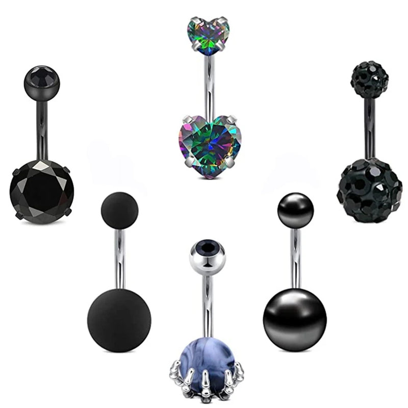 6 Pcs 14G Surgical Steel Bar Zircon Heart Belly Piercing Crystal Balls Earrings