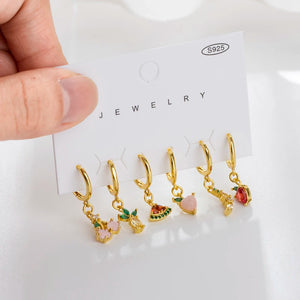 6 Pcs Fruit Earrings Set Colorful Zircon Hoop Women Jewelry Gift