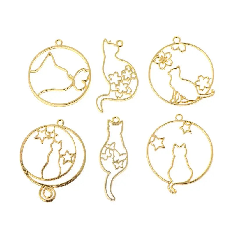6 Pcs Metal Frame Jewelry Pendant Cat Hollow Frames UV Epoxy Resin Tools