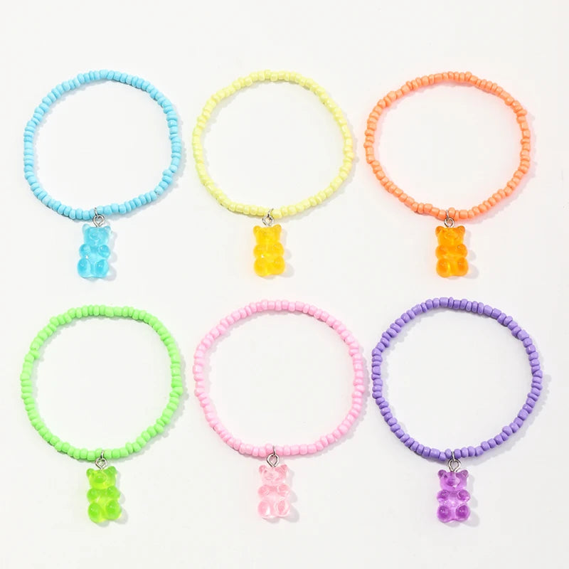 6 Pcs Transparent Rice Beads Bracelet with Bear Pendant