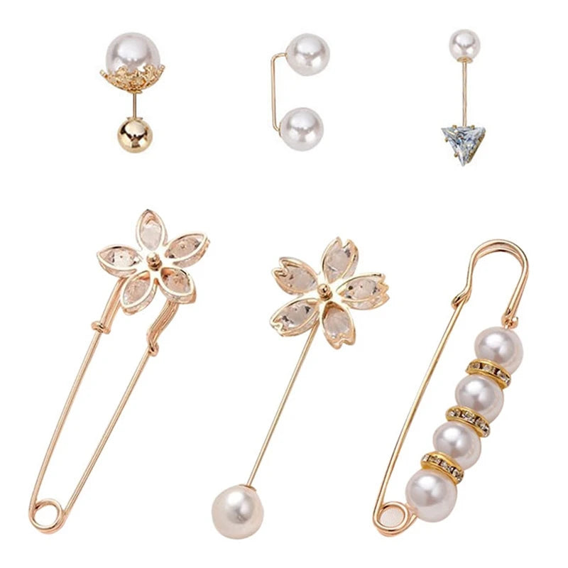 6 Pc Classic Brooch Set Pearl Zircon Collar Pin Leak-Proof Jewelry