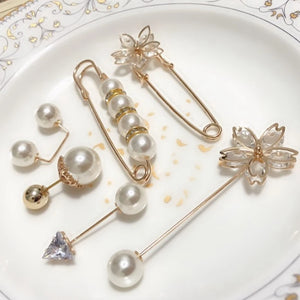 6 Pc Classic Brooch Set Pearl Zircon Collar Pin Leak-Proof Jewelry
