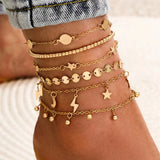 6-Piece Boho Chain Foot Jewelry Charm Anklet Set Girls Beach Accessories