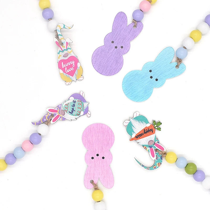 6-Piece Easter Wood Bead Garland with Tassels and Rabbit & Dwarf Tags